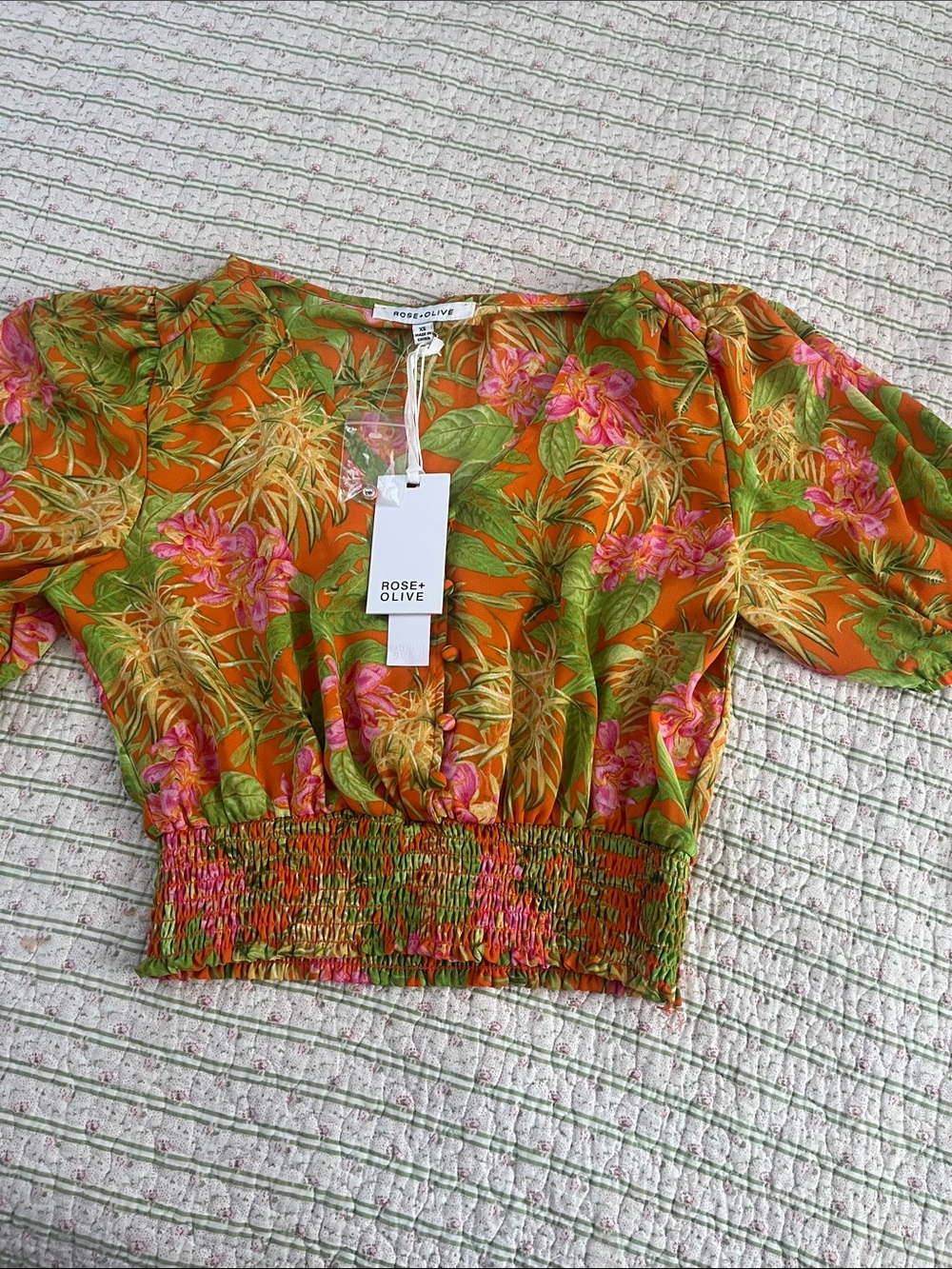Rose & Olive Orange Floral Smocked Waist Crop Top